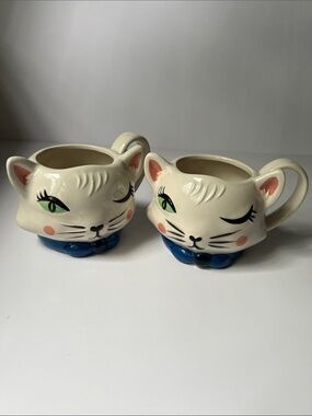 Home Essentials Cream Cat Face Ceramic Mugs with Blue Bows and Green Eyes